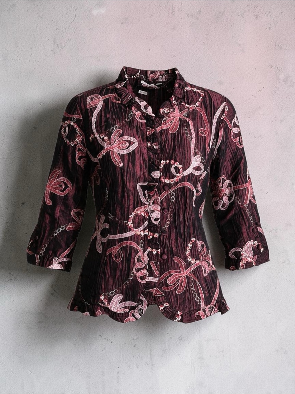Vintage Agora Whimsigoth Burgundy Velvet Ribbon Crinkled Blouse Top L